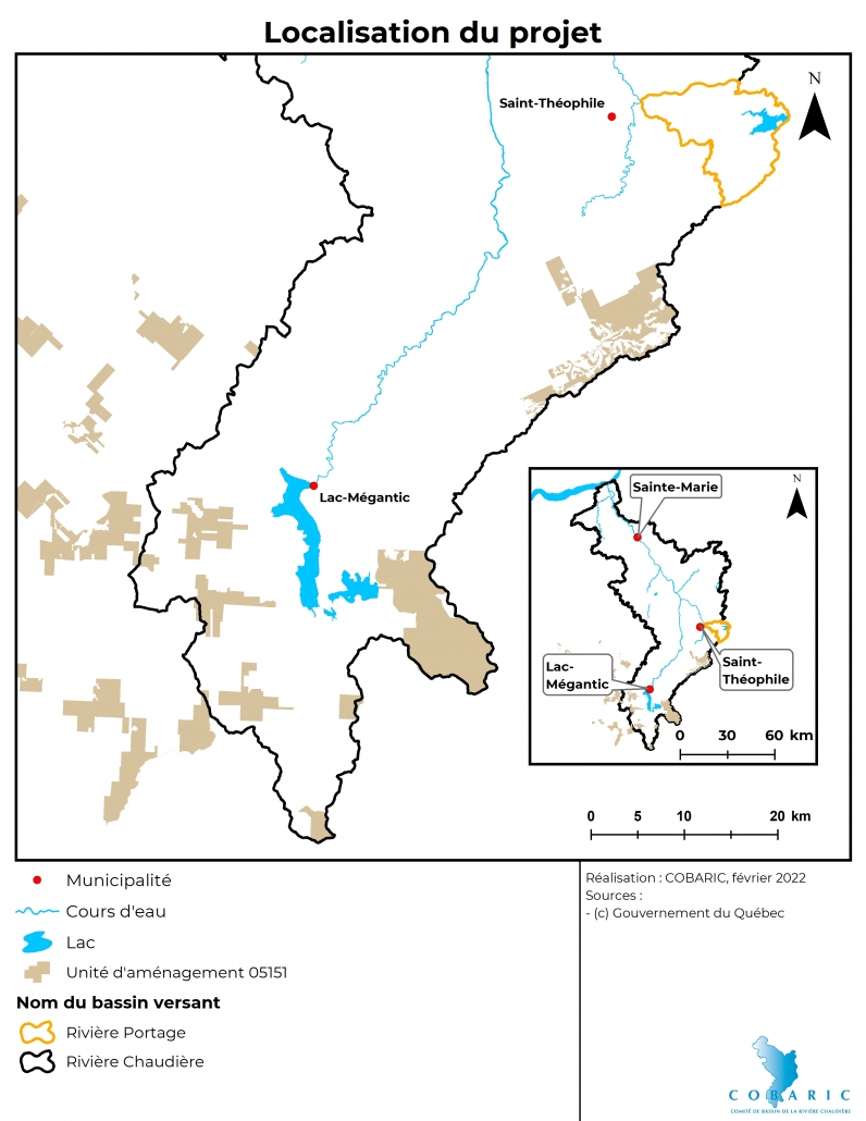 Carte montrant les zones concernées par l'unité d'aménagement étudiée, qui se situe à la tête du bassin versant de la rivière Chaudière, soit au sud, à l'est et à l'ouest de Lac-Mégantic et au sud de Saint-Théophile
