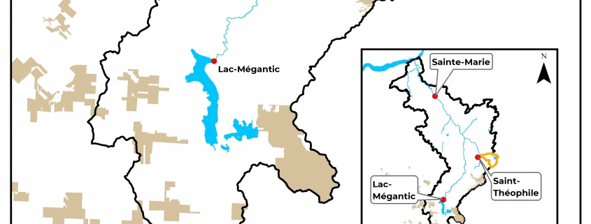Carte montrant les zones concernées par l'unité d'aménagement étudiée, qui se situe à la tête du bassin versant de la rivière Chaudière, soit au sud, à l'est et à l'ouest de Lac-Mégantic et au sud de Saint-Théophile