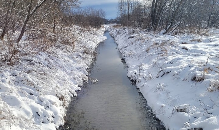 Ruisseau du Marais en hiver ruisseau linéaire entouré de neige.