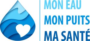 Logo du projet Mon eau mon puits ma santé avec l'embleme d'une goutte d'eau superpose d'un coeur, l'ensemble en camaieu de bleus