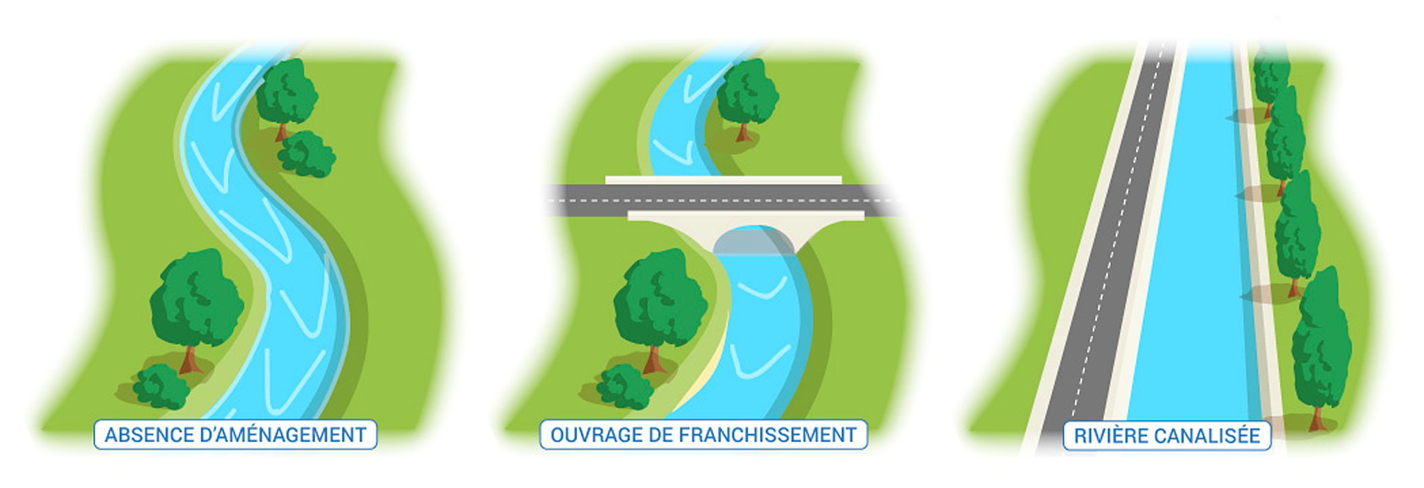 Artificialisation Schema montrant d‘abord une rivière dans un environnement naturel, puis deux exemples d’artificialisation : le premier est l‘ajout d’un pont routier ayant une emprise sur les berges de la rivière et le second montrant le tracé de la rivière devenu une ligne droite et une route construite juste à côté, les berges étant maintenant tout à fait artificielles.