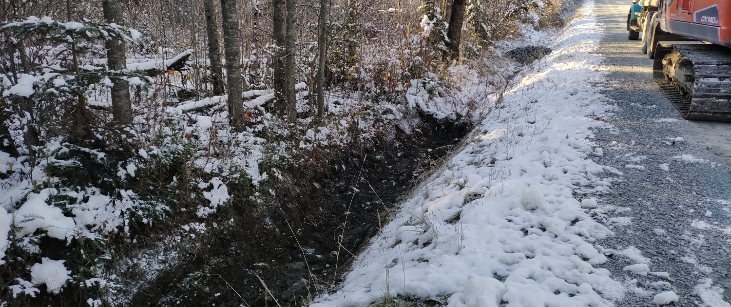 Bassin de sedimentation à Adstock Photographie d'un amenagement de fossé sur le bord d'une route pour la gestion des eaux pluviales dans la municipalité régionale de compté des Appalaches.