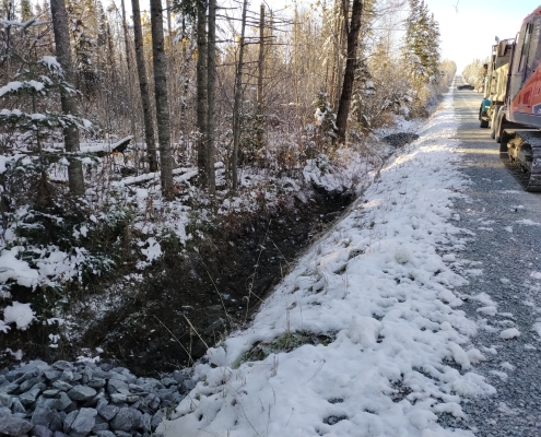 Bassin de sedimentation à Adstock Photographie d'un amenagement de fossé sur le bord d'une route pour la gestion des eaux pluviales dans la municipalité régionale de compté des Appalaches.