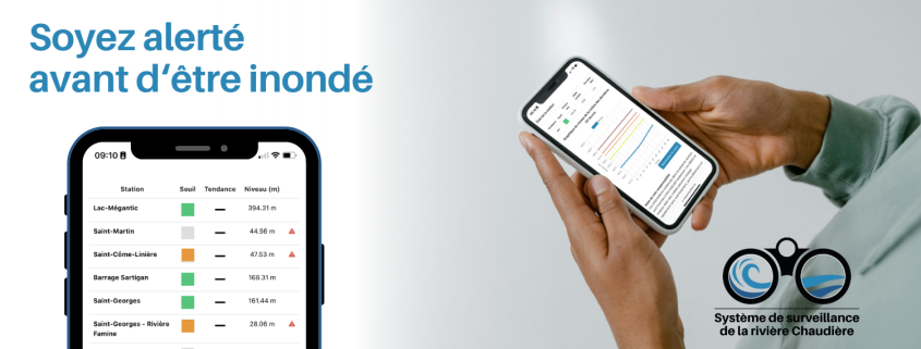 Soyez alerté avant d'être inondé est un message du Système de surveillance de la rivière Chaudière. L'image montre qu'il est possible de consulter les niveaux d'eau et leur évolution heure par heure depuis un téléphone cellulaire.