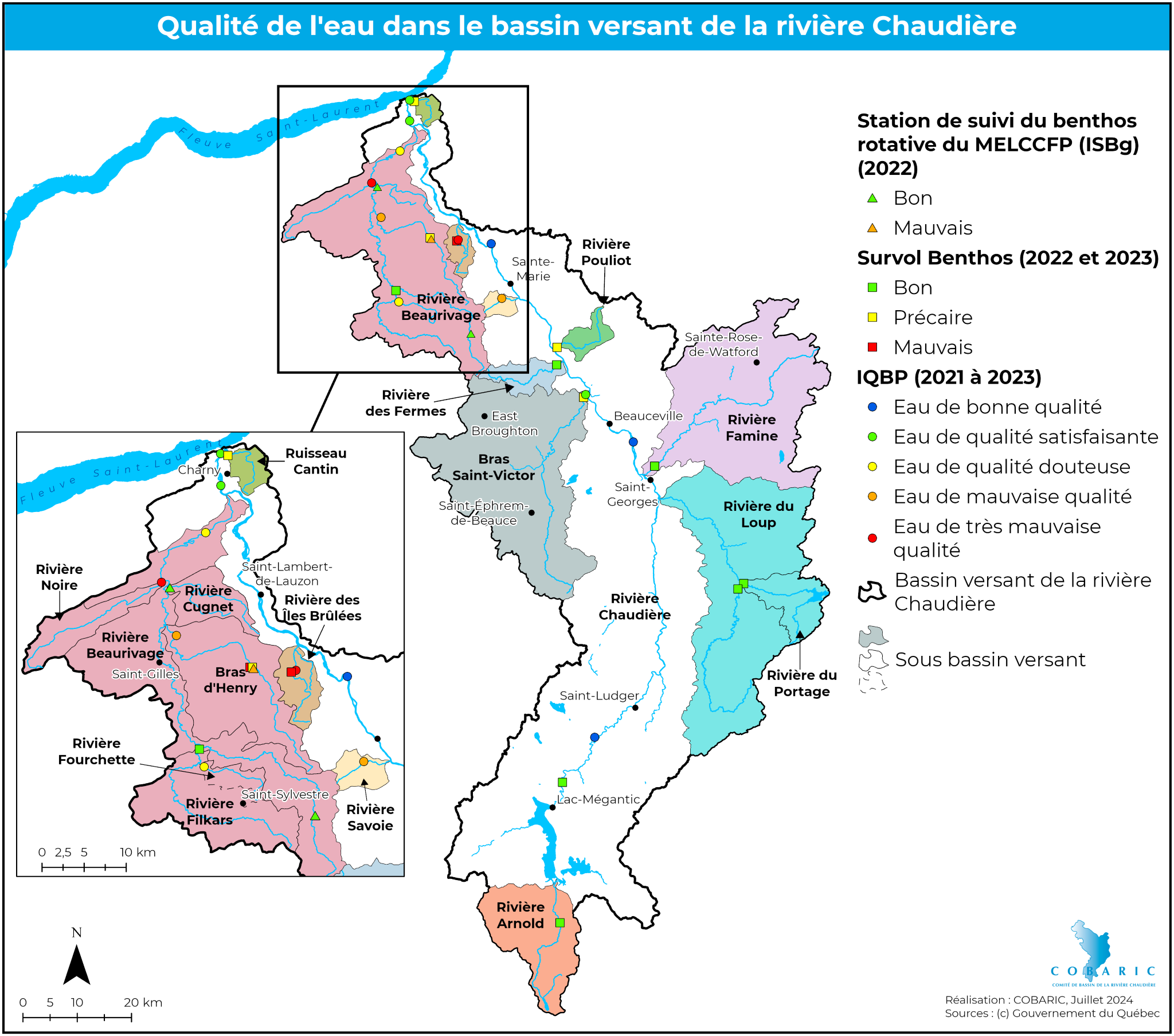 CarteQualiteEau_2024_web carte représentat le bassin versant de la rivière chaudière avec points de couleurs indiquant la cote de qualité.