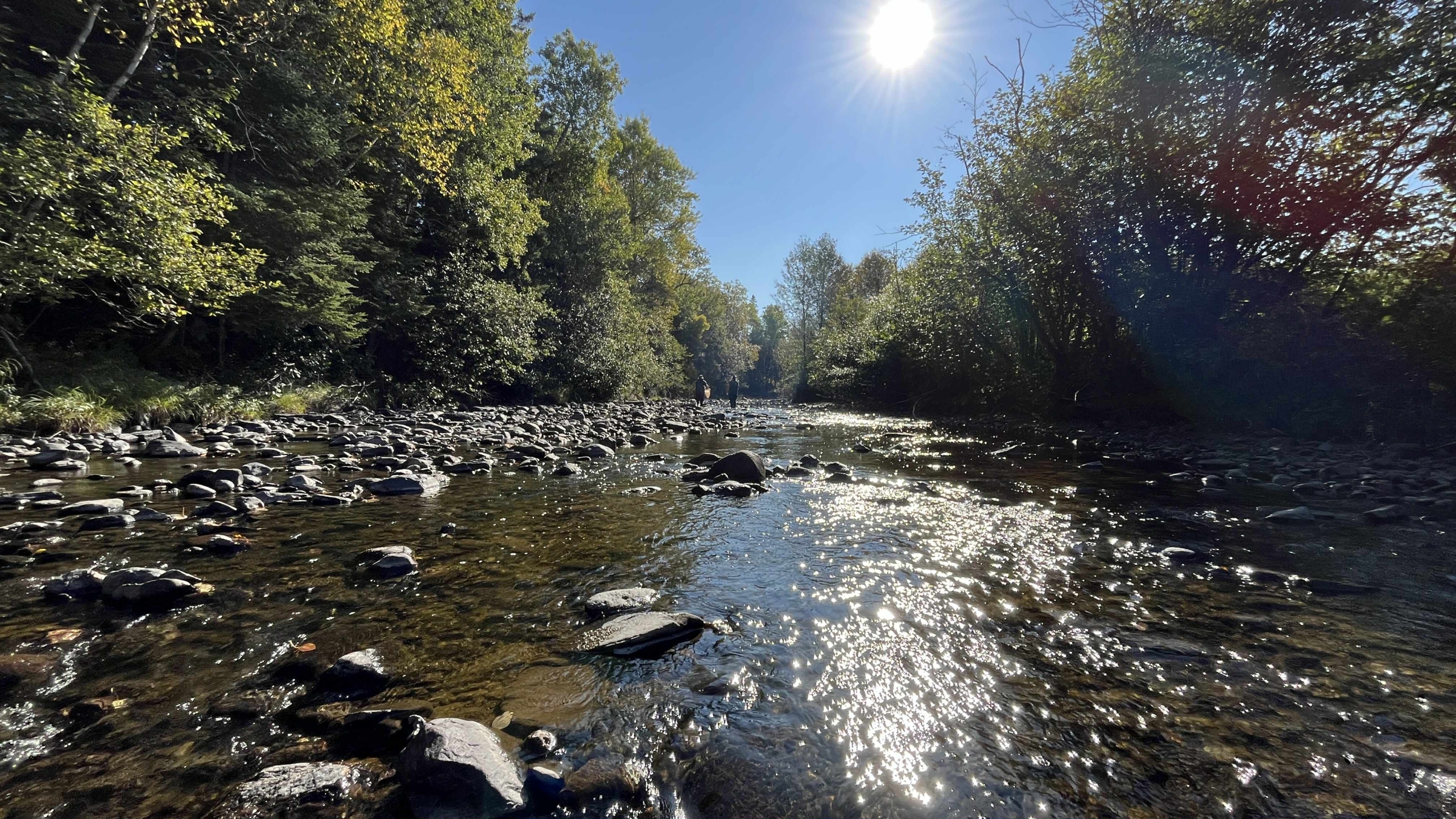 Rivière Abénaquis, 2025 Paysage ensoleillé de rivière pris au milieu de l'eau, où l'on distingue un fond rocheux et deux personnes à contre-jour marchant dans l'eau.